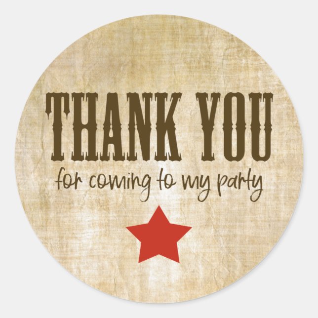 Western Birthday Red Star Thank You Classic Round Sticker (Front)