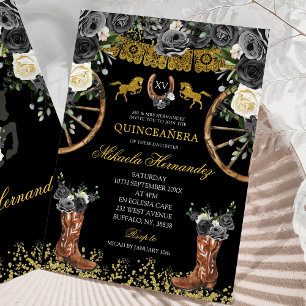 Western Black and Gold Charra Boots 15 Años Invitation