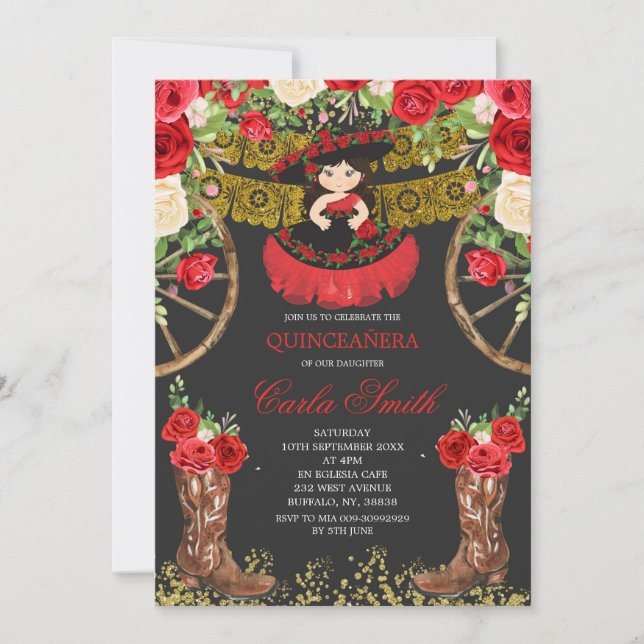 Western Black and Red Rose Mis Quince Invitation (Front)