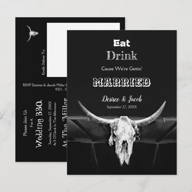 Western Black And White Rustic Eat Drink Married Announcement Postcard (Front/Back)