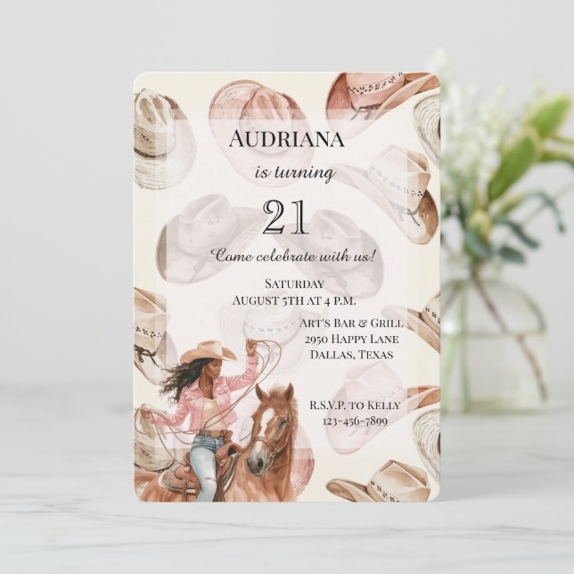 Western Black Brown Cowgirl Hats Birthday Invitation (Standing Front)