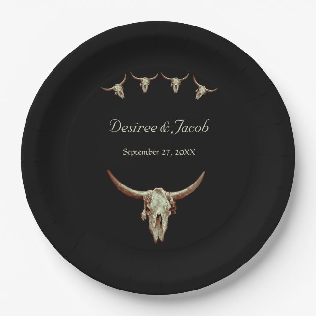 Western Black Rustic Wedding Cow Bull Skull Paper Plate (Front)