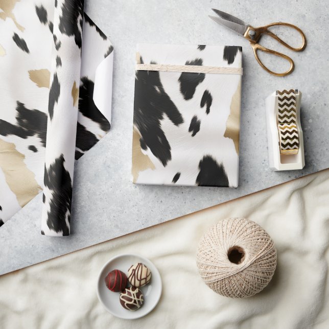 Western Black White Glam Gold Cowhide Birthday Wrapping Paper (Crafts)