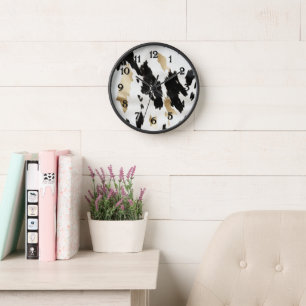 Western Black White Glam Gold Cowhide Clock