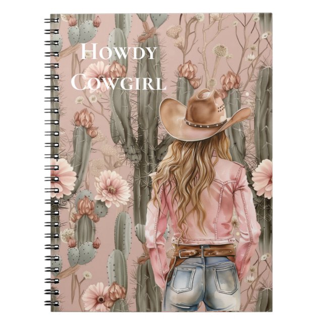 Western Blonde Cowgirl Pink Cactus Floral Notebook (Front)