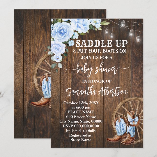 Western Blue Baby Shower Country Boots Invitation (Front/Back)