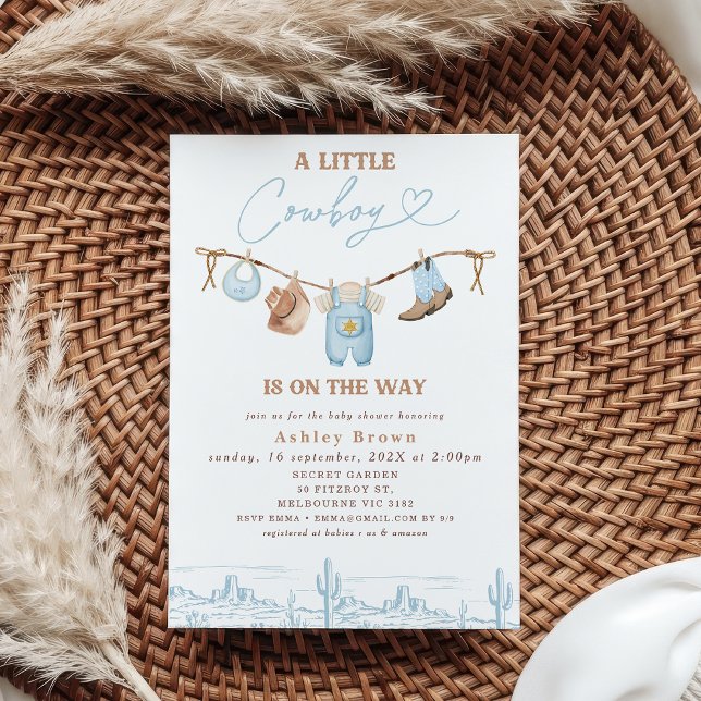 Western Blue Brown Clothesline Cowboy Baby Shower Invitation (Cowboy Baby Shower Invitation Template, Little Cowboy Is On The Way Baby Shower Invitation, Clothes )