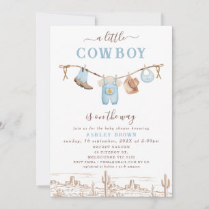 Western Blue Brown Clothesline Cowboy Baby Shower Invitation