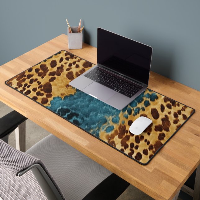 Western Blue Brown Gold Cowhide Desk Mat (Office 2)
