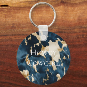 Western Blue Brown Gold Cowhide Key Ring