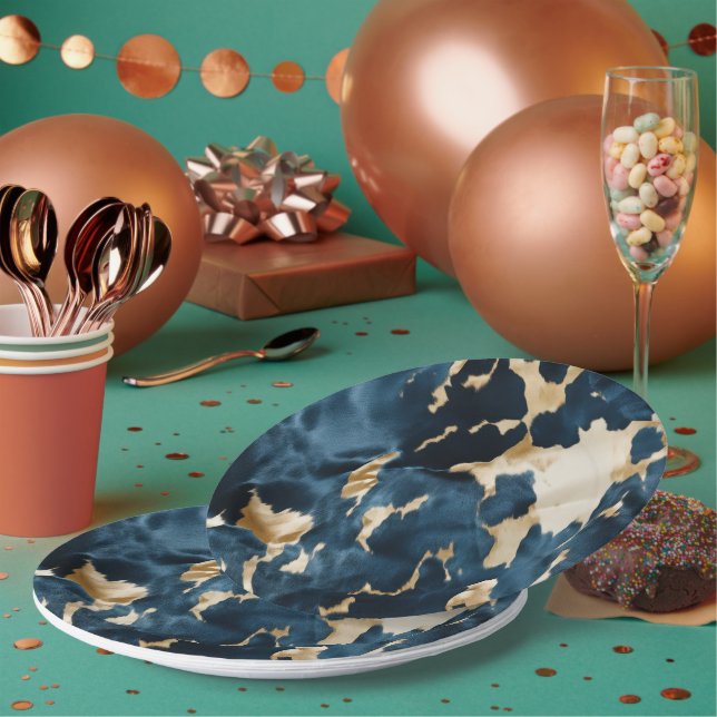 Western Blue Brown Gold Cowhide Paper Plate (Multi)