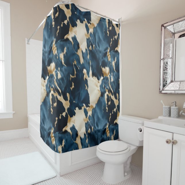 Western Blue Brown Gold Cowhide Shower Curtain (In Situ)