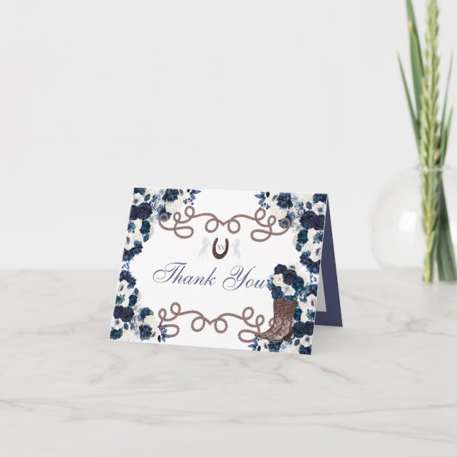 Western Blue Charra Quinceanera Thank You Card (Front)