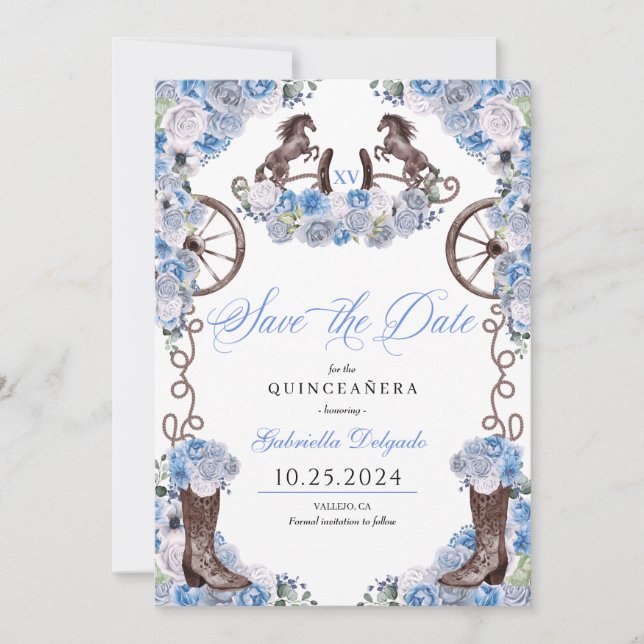 Western Blue Charro Save The Date Quinceañera Invitation (Front)
