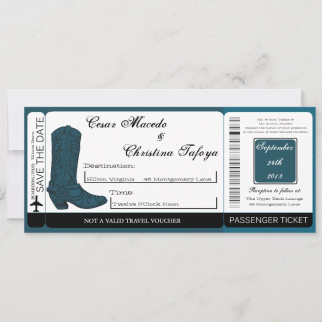Western Blue Cowb Boarding Pass Wedding Invitation (Front)