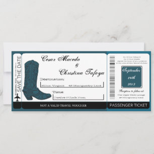 Western Blue Cowb Boarding Pass Wedding Invitation
