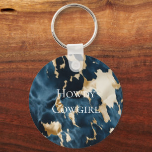 Western Blue Cream Gold Cowboy Cowgirl Cowhide Key Ring