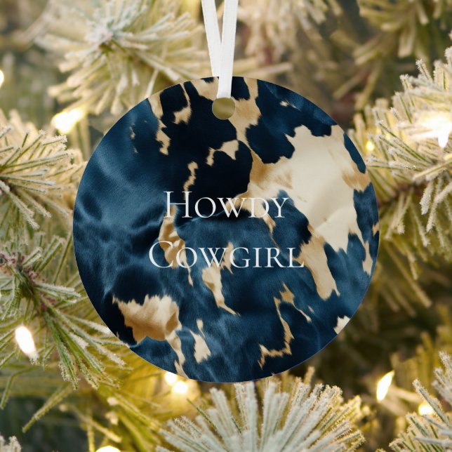 Western Blue Cream Gold Cowboy Cowgirl Cowhide Metal Tree Decoration (Insitu)
