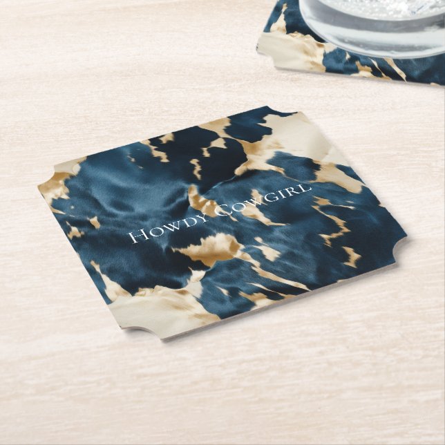 Western Blue Cream Gold Cowboy Cowgirl Cowhide Paper Coaster (Angled)