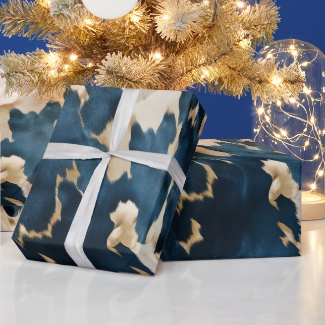 Western Blue Cream Gold Cowboy Cowgirl Cowhide Wrapping Paper (Holidays)