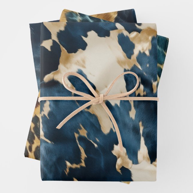 Western Blue Cream Gold Cowboy Cowgirl Cowhide Wrapping Paper Sheet (In situ)