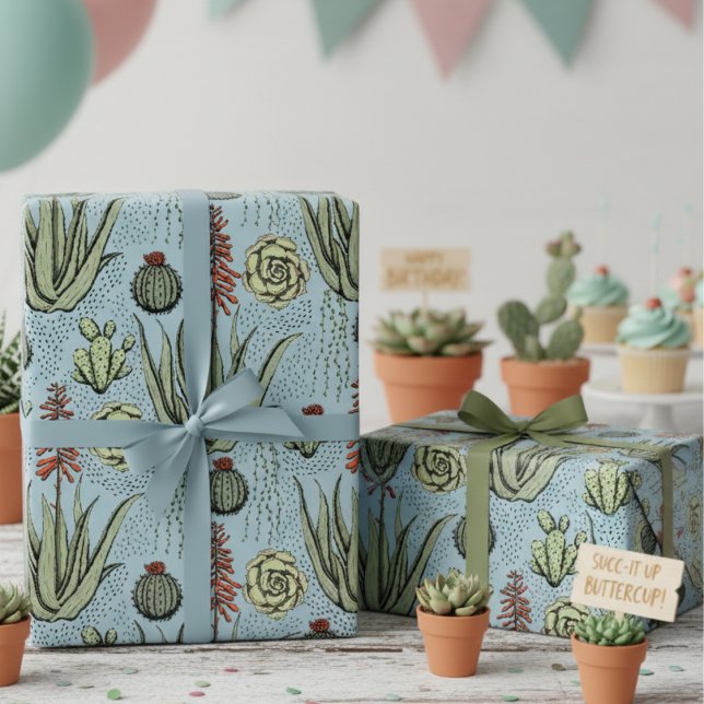 Western Blue Desert Cacti and Succulents Wrapping Paper (Elegant French Blue Succulent & Greenery Birthday Wrapping Paper 4 Plant Lover. Desert Cacti Pattern)