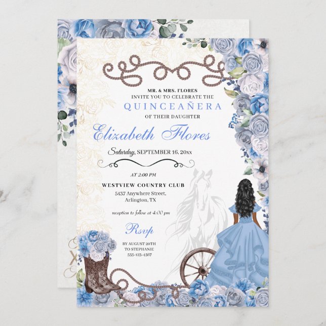 Western Blue Princess Floral Charra Quinceañera Invitation (Front/Back)