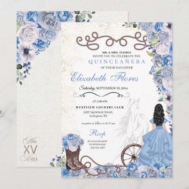 Western Blue Princess Floral Charra Quinceañera Invitation (Front/Back)