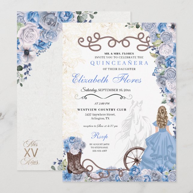 Western Blue Princess Floral Charra Quinceañera Invitation (Front/Back)