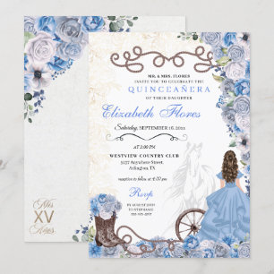 Western Blue Princess Floral Charra Quinceañera Invitation