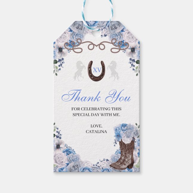 Western Blue Ranchero Quinceanera Gift Tags (Front)