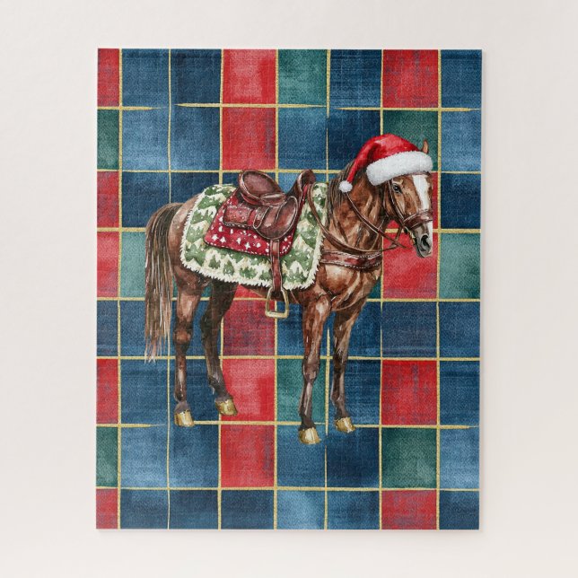 Western Blue Red Cowboy Cowgirl Horse Christmas Jigsaw Puzzle (Vertical)
