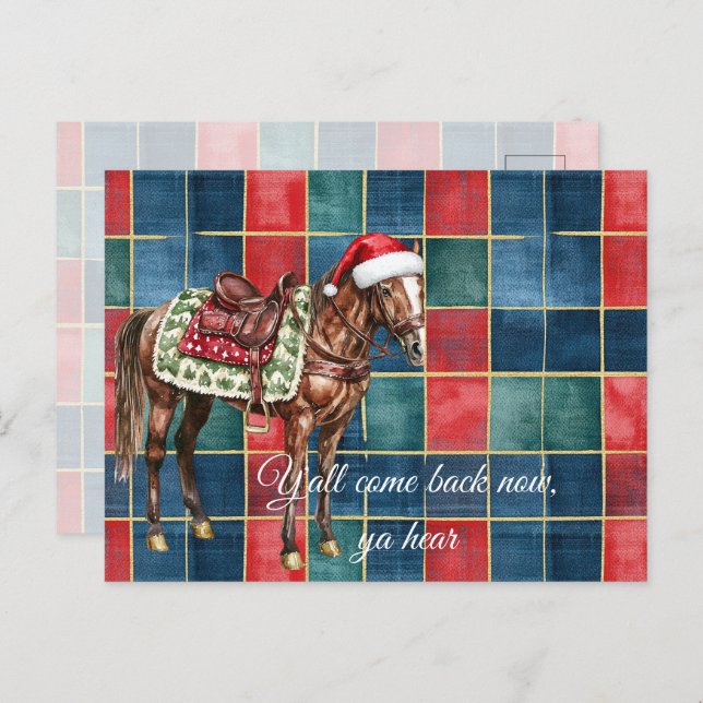 Western Blue Red Horse Merry Christmas Y'all Postcard (Front/Back)