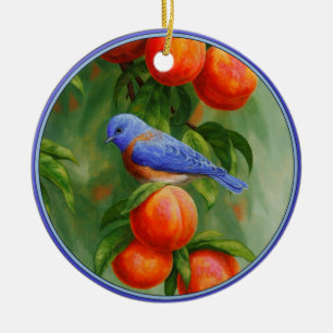 Western Bluebird and Ripe Peaches Ceramic Tree Decoration