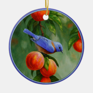 Western Bluebird and Ripe Peaches Ceramic Tree Decoration