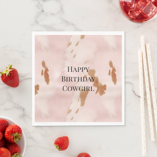 Western Blush Pink Cream Faux Cowhide Birthday   Napkin (Insitu)