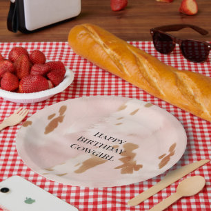 Western Blush Pink Cream Faux Cowhide Birthday   Paper Plate