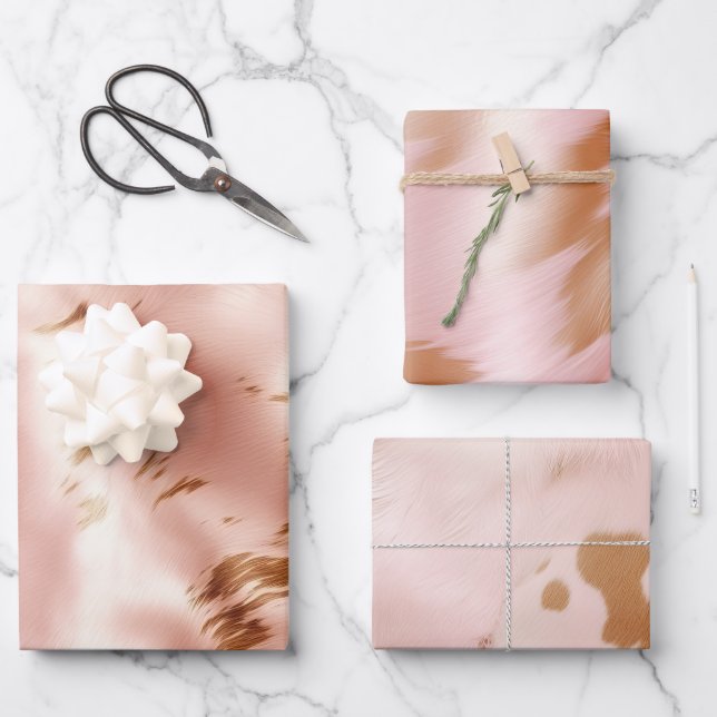 Western Blush Pink Faux Cowhide Birthday Wrapping Paper Sheet (Front)