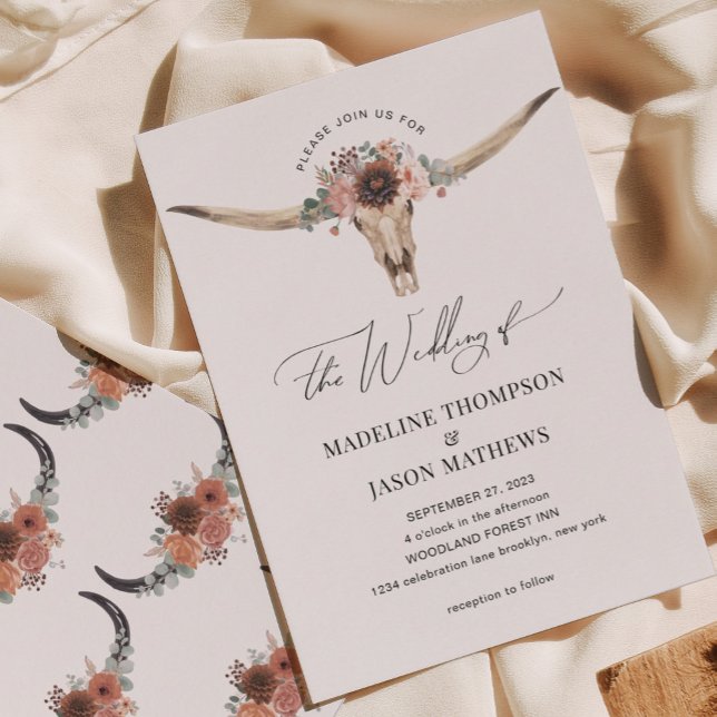 Western Bohemian Floral Cow Skull Wedding Invitation (Creator Uploaded)