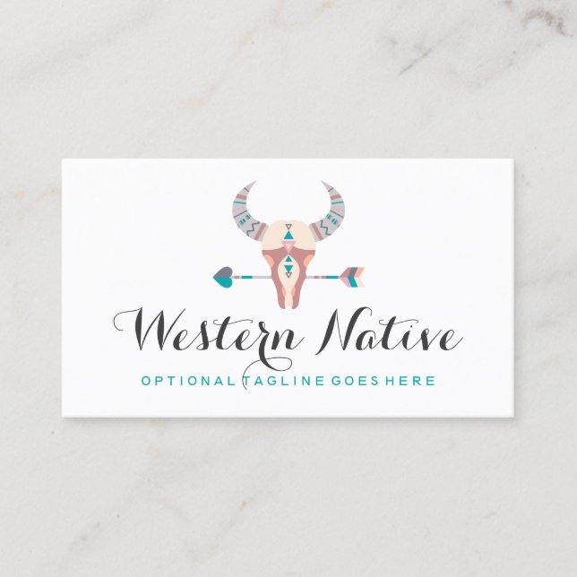Western Bohemian Rustic Cow Skull Trendy Arrow Business Card (Front)