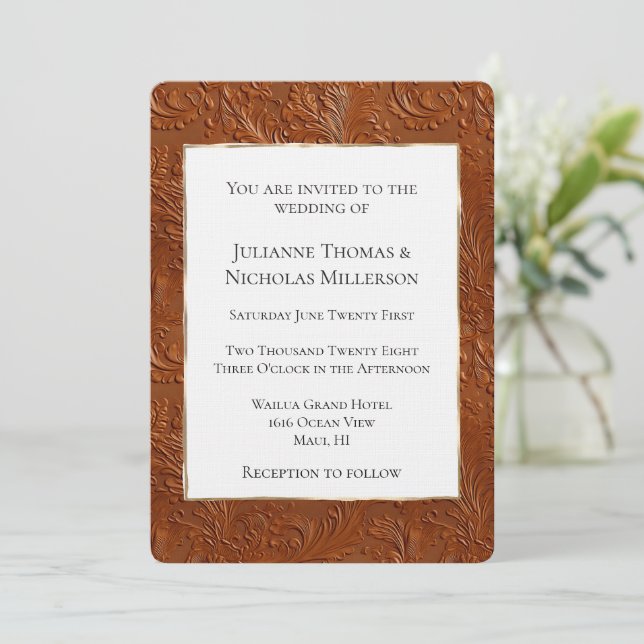 Western Bohemian Tan Brown Cowgirl Leaf Wedding Invitation (Standing Front)