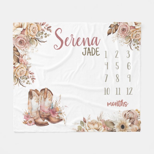 WESTERN BOHO Baby Girl Milestone Blanket, Floral  Fleece Blanket (Front (Horizontal))