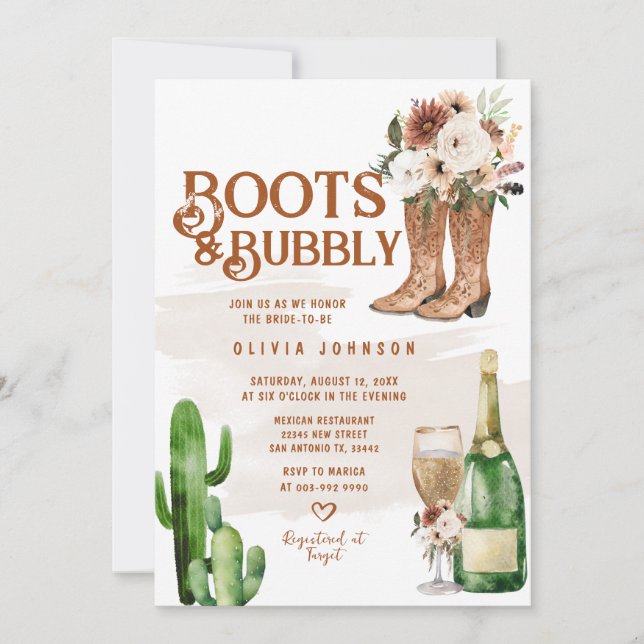 Western Boho Boots and Bubbly Bridal Shower Invitation (Front)