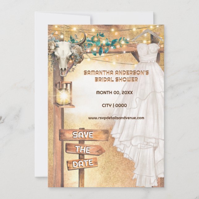 Western boho bridal dress skull floral lights invitation (Front)