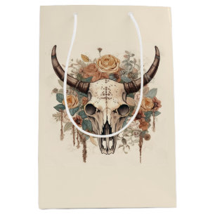 Western Boho Bull Skull Floral Decoupage Medium Gift Bag