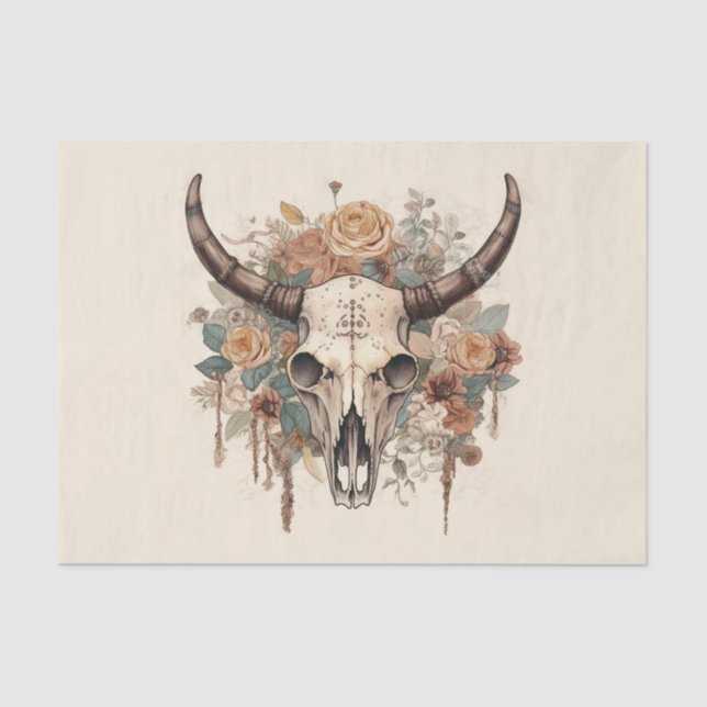 Western Boho Bull Skull Floral Decoupage Tissue Paper (Front)