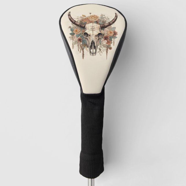 Western Boho Bull Skull Floral Golf Head Cover (Front)