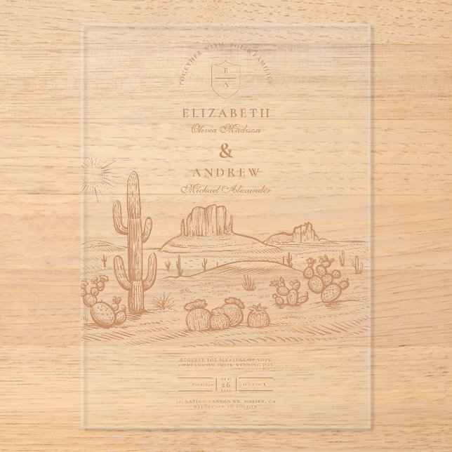 Western Boho Cactus Desert Landscape Wedding Acrylic Invitations (Front)