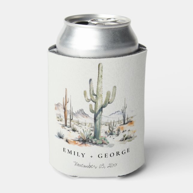Western Boho Cactus Desert Landscape Wedding Can Cooler (Can Front)