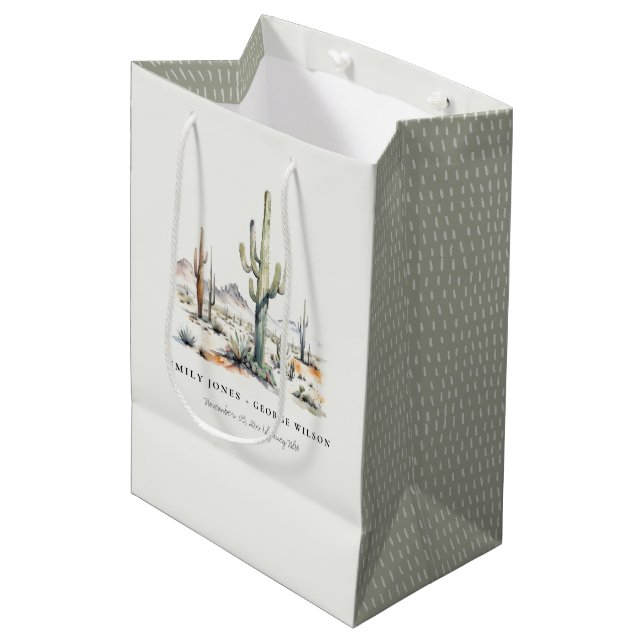 Western Boho Cactus Desert Landscape Wedding Medium Gift Bag (Front Angled)
